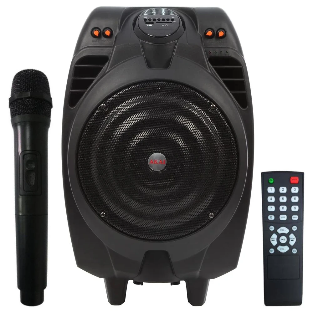 Boxa portabila activa Akai SS023A-X10, 50 W/120W, Bluetooth, USB, slot card SD, Aux in, negru, microfon, telecomanda