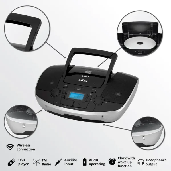 Alternative view of Radio CD player Akai APRC-108, 6 W, FM, CD / CD-R / CD-RW, alimentare retea sau baterii, Bluetooth, USB, Aux in, PLL tuning, display LED, antena FM telescopica, negru